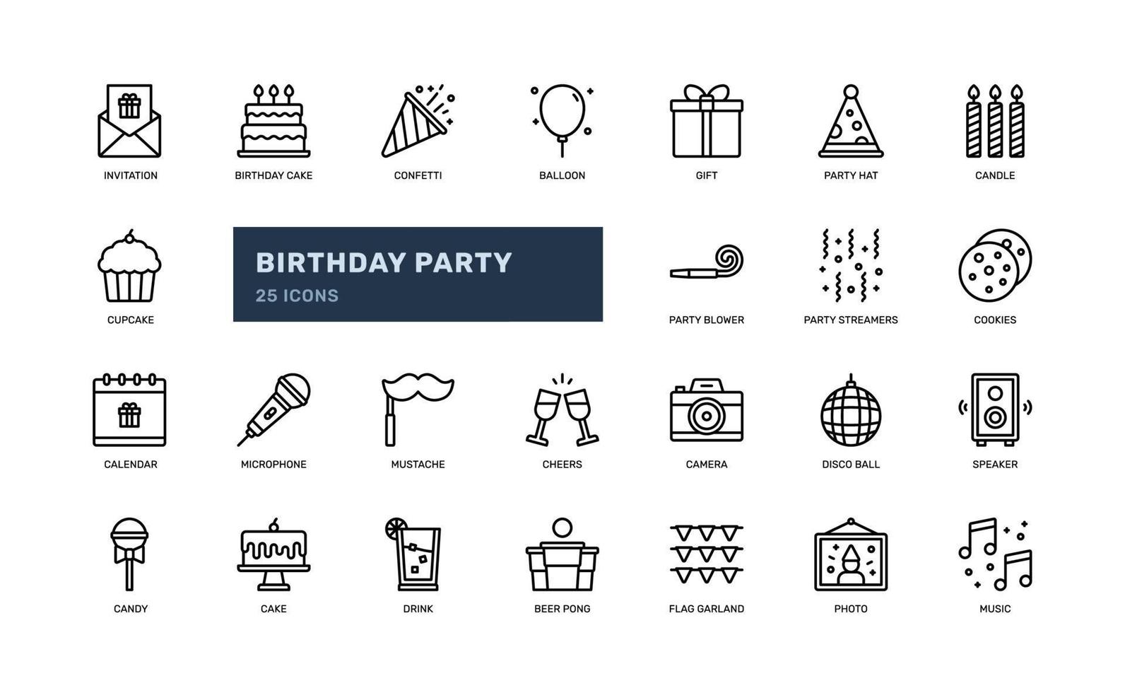 birthday party anniversary celebrate joyful detailed outline icon with music, event, present, cake, more. simple vector illustration