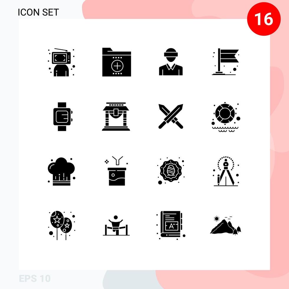 Group of 16 Modern Solid Glyphs Set for flag banner folder man reality Editable Vector Design Elements