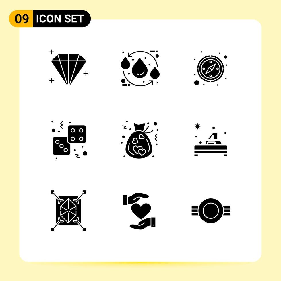 Set of 9 Vector Solid Glyphs on Grid for charity play compass gambling casino Editable Vector Design Elements