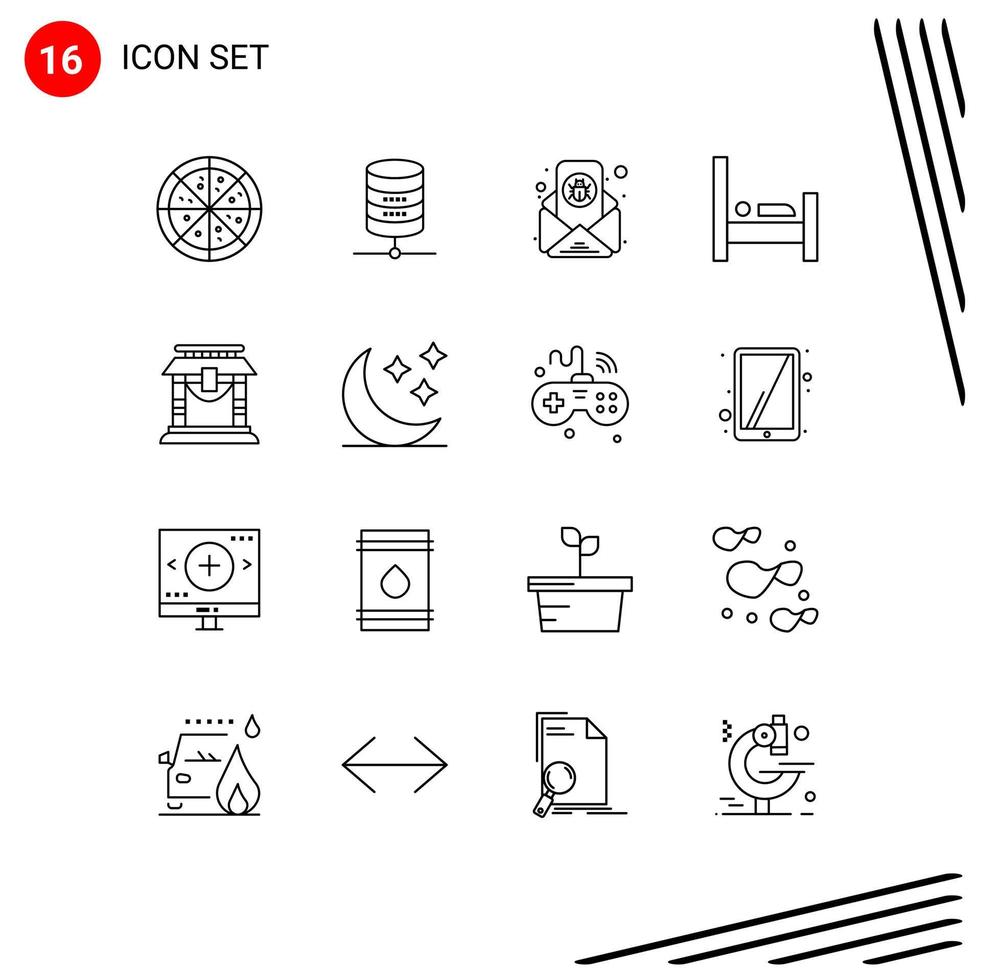 Editable Vector Line Pack of 16 Simple Outlines of chinese bridge email virus door people Editable Vector Design Elements