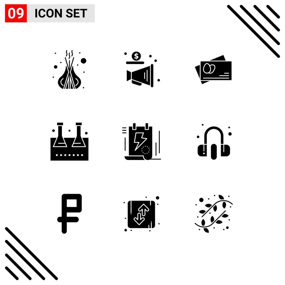 Mobile Interface Solid Glyph Set of 9 Pictograms of energy test tube passport lab glassware erlenmeyer flask Editable Vector Design Elements