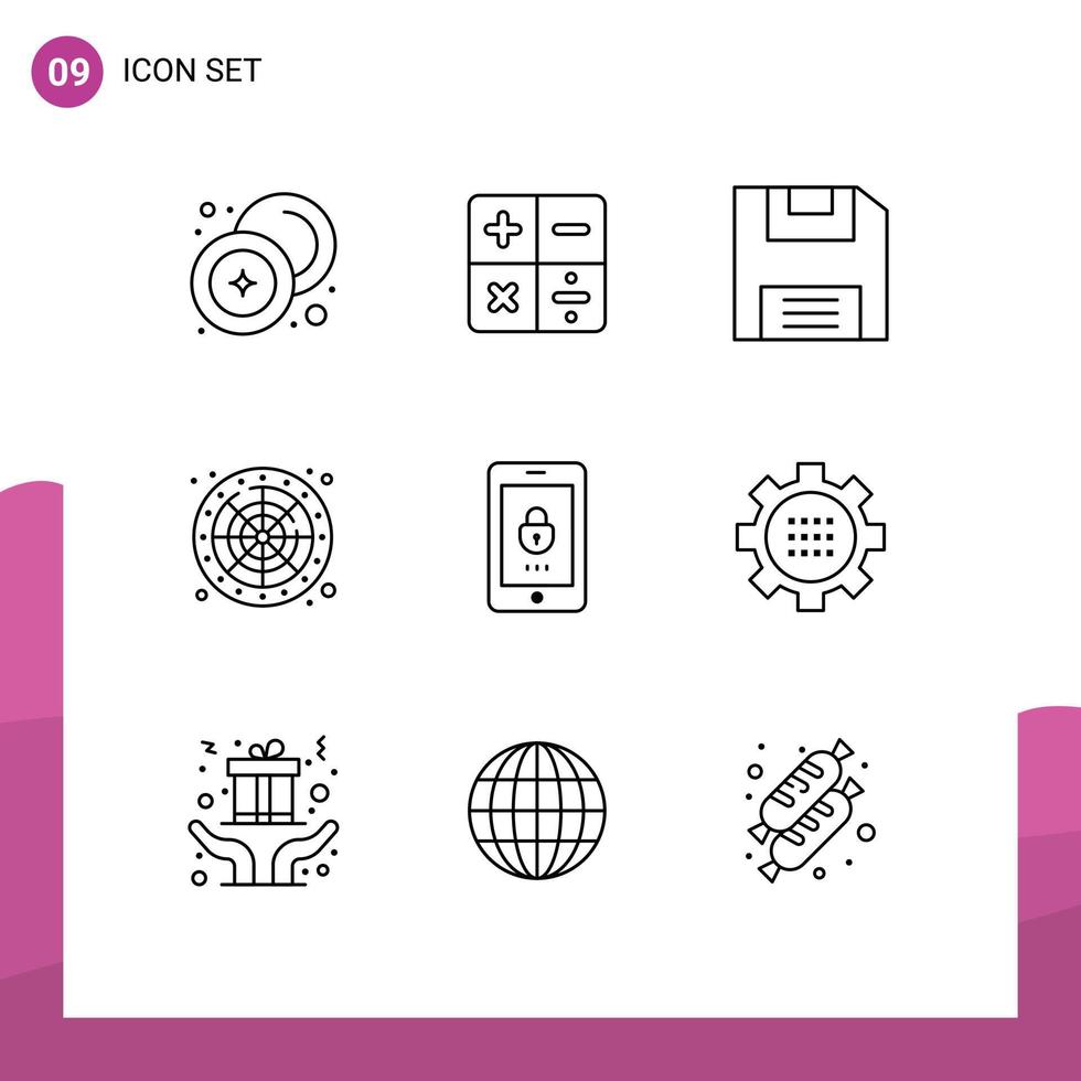 Group of 9 Outlines Signs and Symbols for mobile encryption diskette play wheel Editable Vector Design Elements