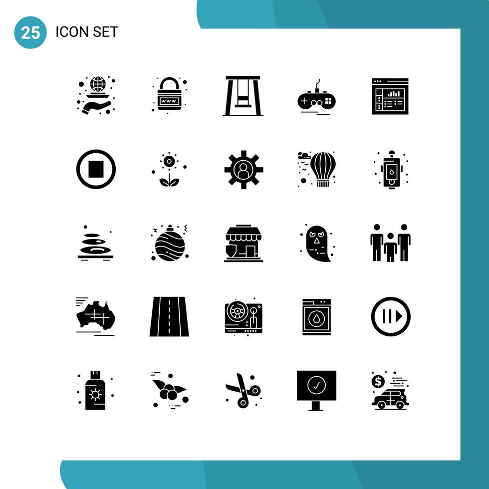 Set of 25 Commercial Solid Glyphs pack for design xbox planet wireless swing Editable Vector Design Elements