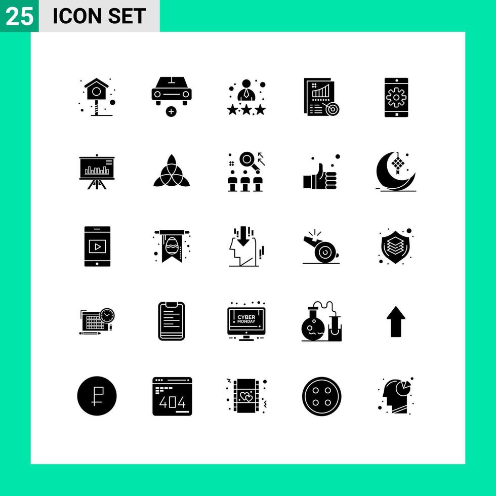 Set of 25 Commercial Solid Glyphs pack for application report employee metrics review Editable Vector Design Elements
