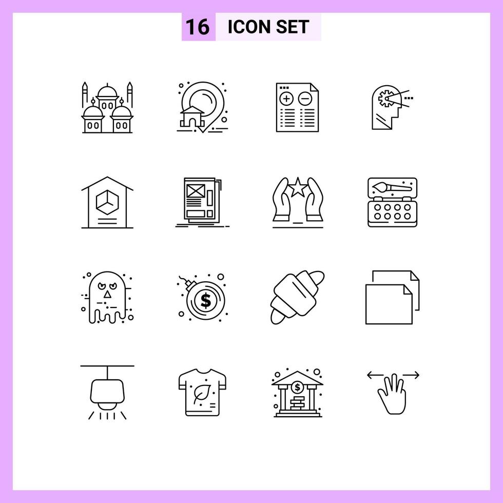 16 Universal Outlines Set for Web and Mobile Applications delivery mind real process minus Editable Vector Design Elements