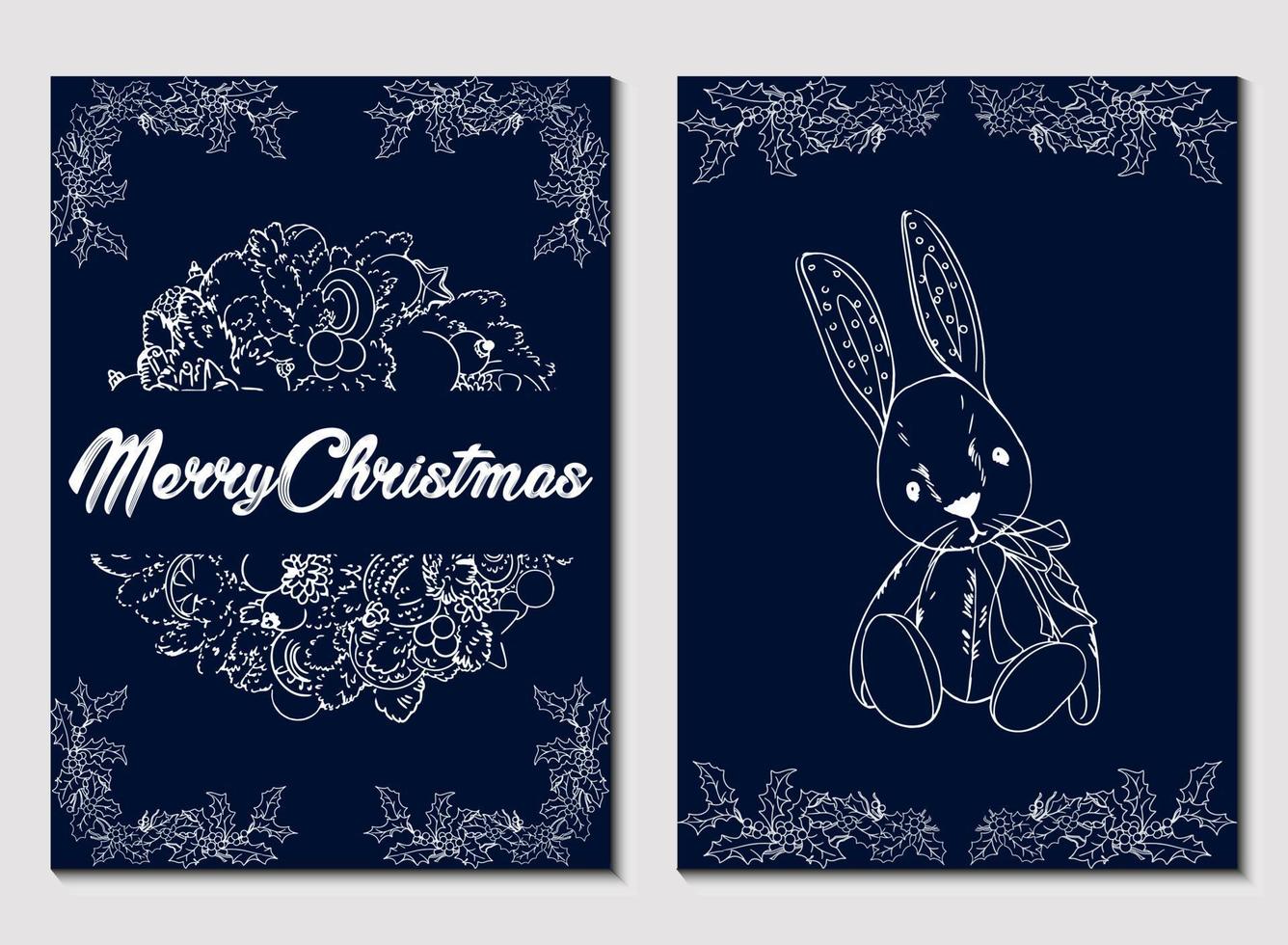 Holiday cards with winter foliage. Versatile Christmas templates with girl, bunny, floral background and frame with copy space and greetings. vector