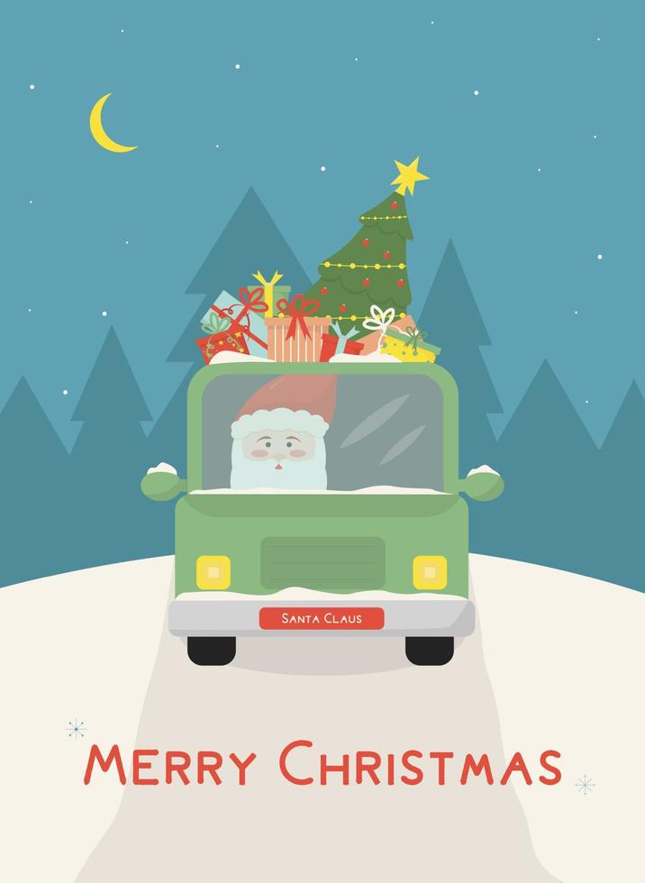 santa claus conduce un auto verde con árbol de navidad y cajas de regalo. Ilustración de vector de concepto de estilo plano.