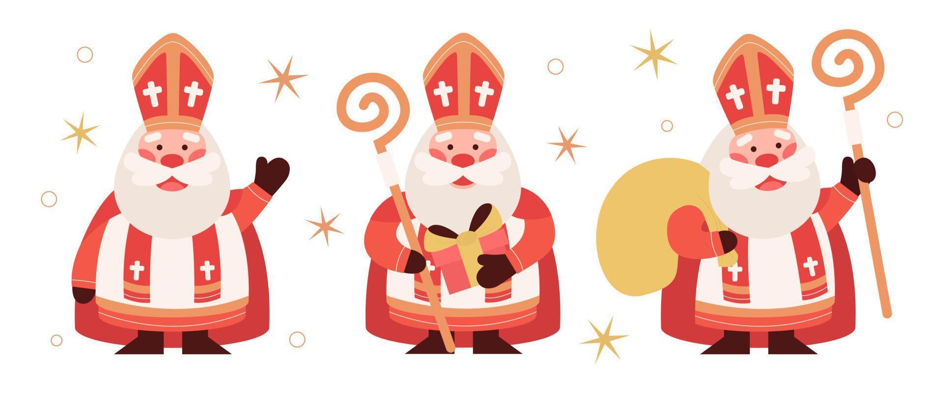 Set of cute Saint Nicholas or Sinterklaas with bag of gifts, gift box and staff. Happy St Nicholas Day. Old man bishop character. Winter Christian holiday. Mascot cartoon illustration. vector