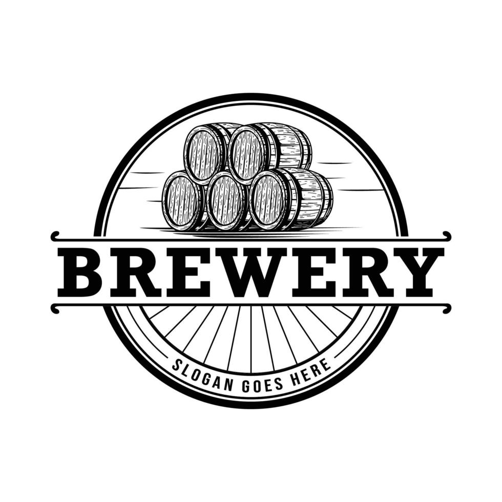 Vintage brewery logo template with beer wooden barrel isolated vector illustration