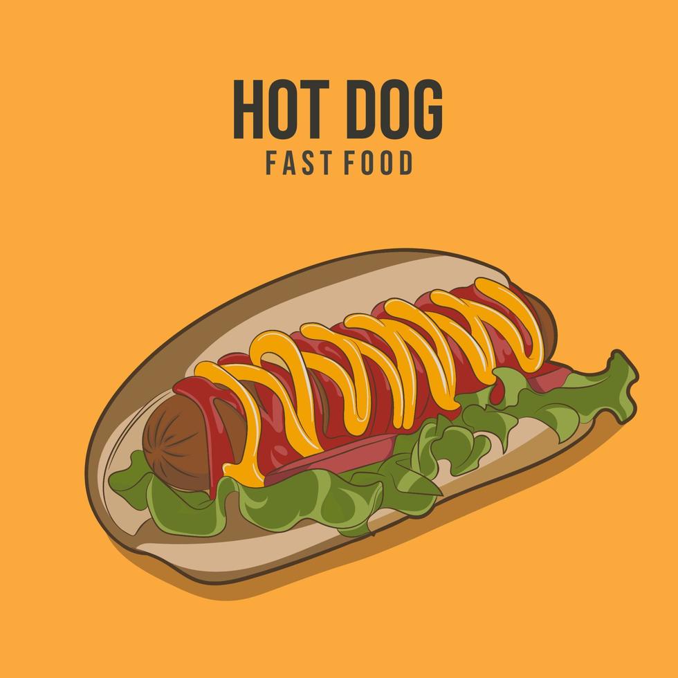 Ilustración de vector de deliciosa comida rápida de hot dog