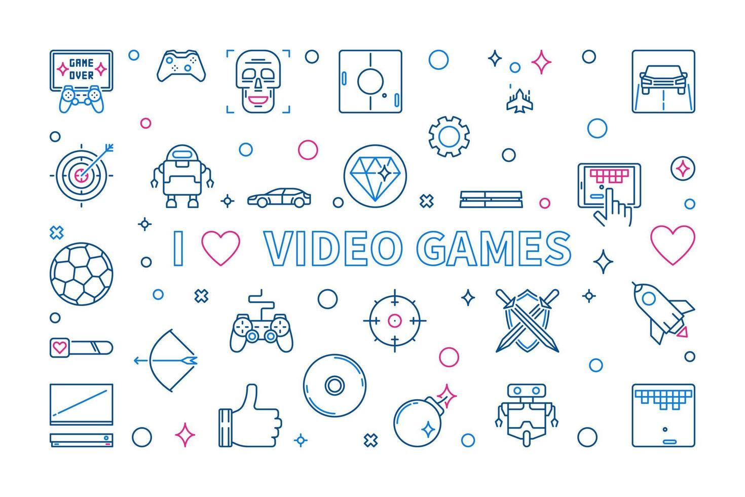 I Love Video Games outline banner. Vector concept illustration