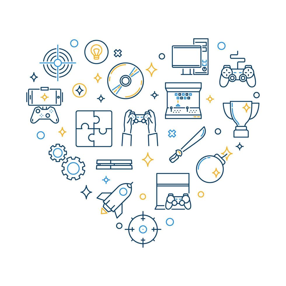 Video Game line vector icons in Heart shape. Vector illustration