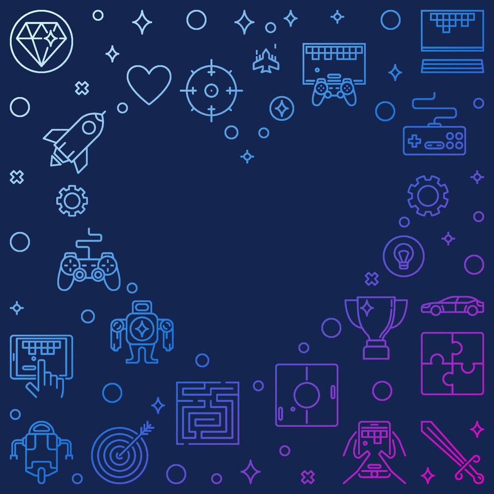 Video Games Heart outline colored Frame. Vector line illustration