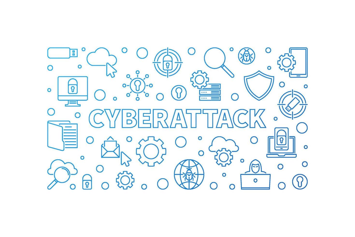 Cyberattack vector blue outline horizontal illustration