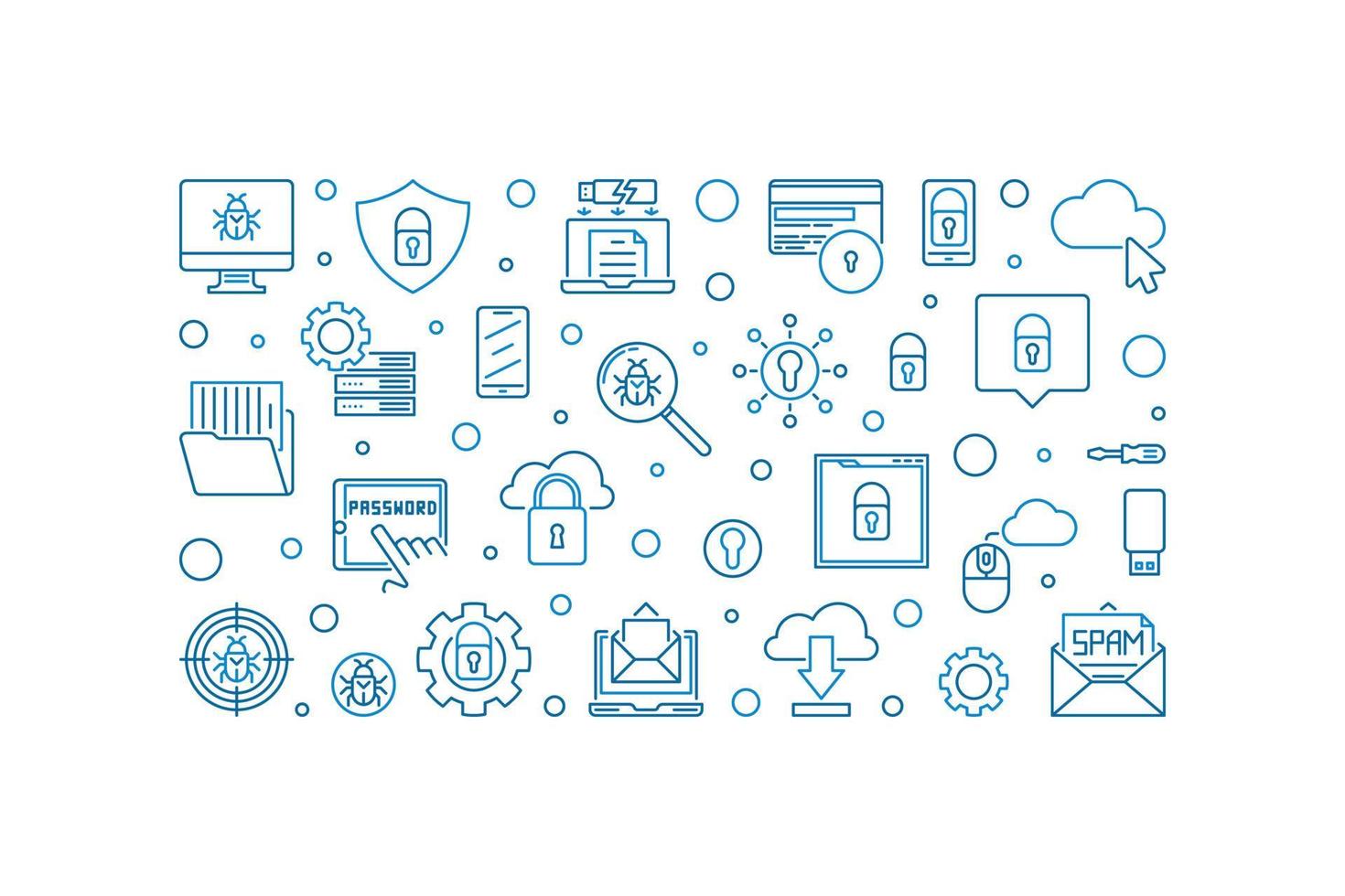 Cybersecurity vector concept outline horizontal illustration