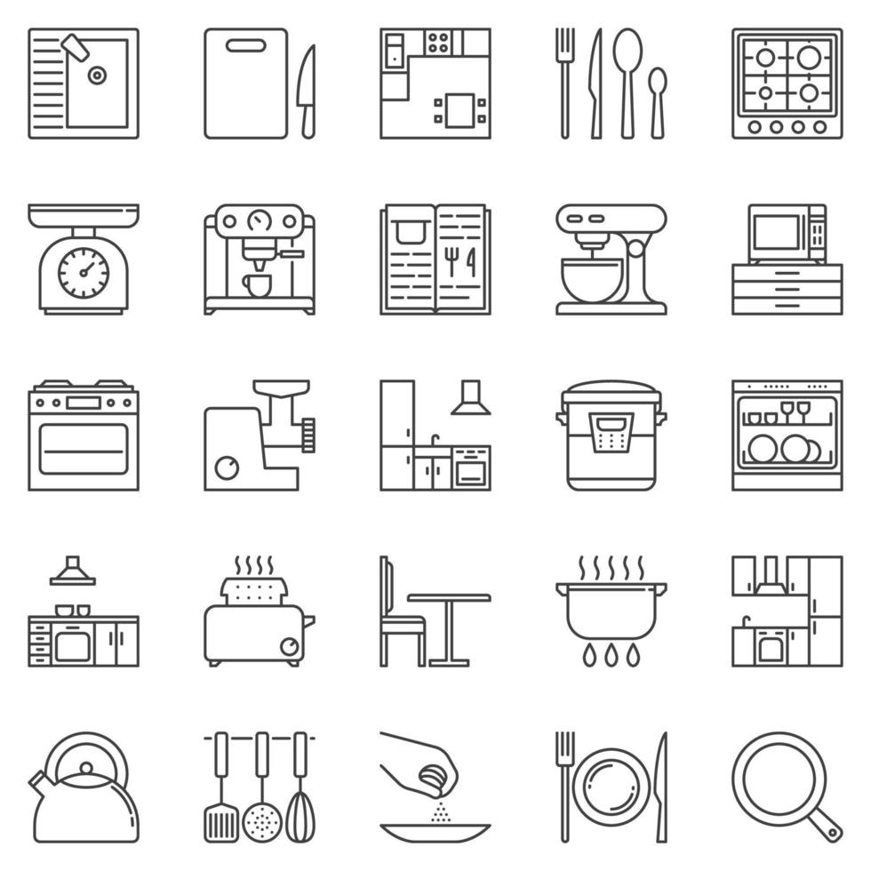 conjunto de iconos de contorno de cocina - signos de electrodomésticos y utensilios vectoriales vector