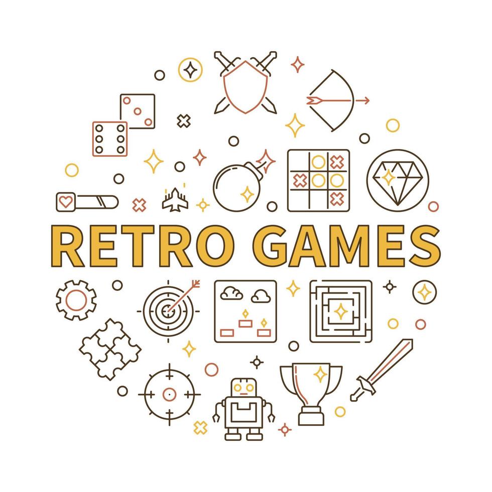 juegos retro vector ilustración redonda en estilo de contorno