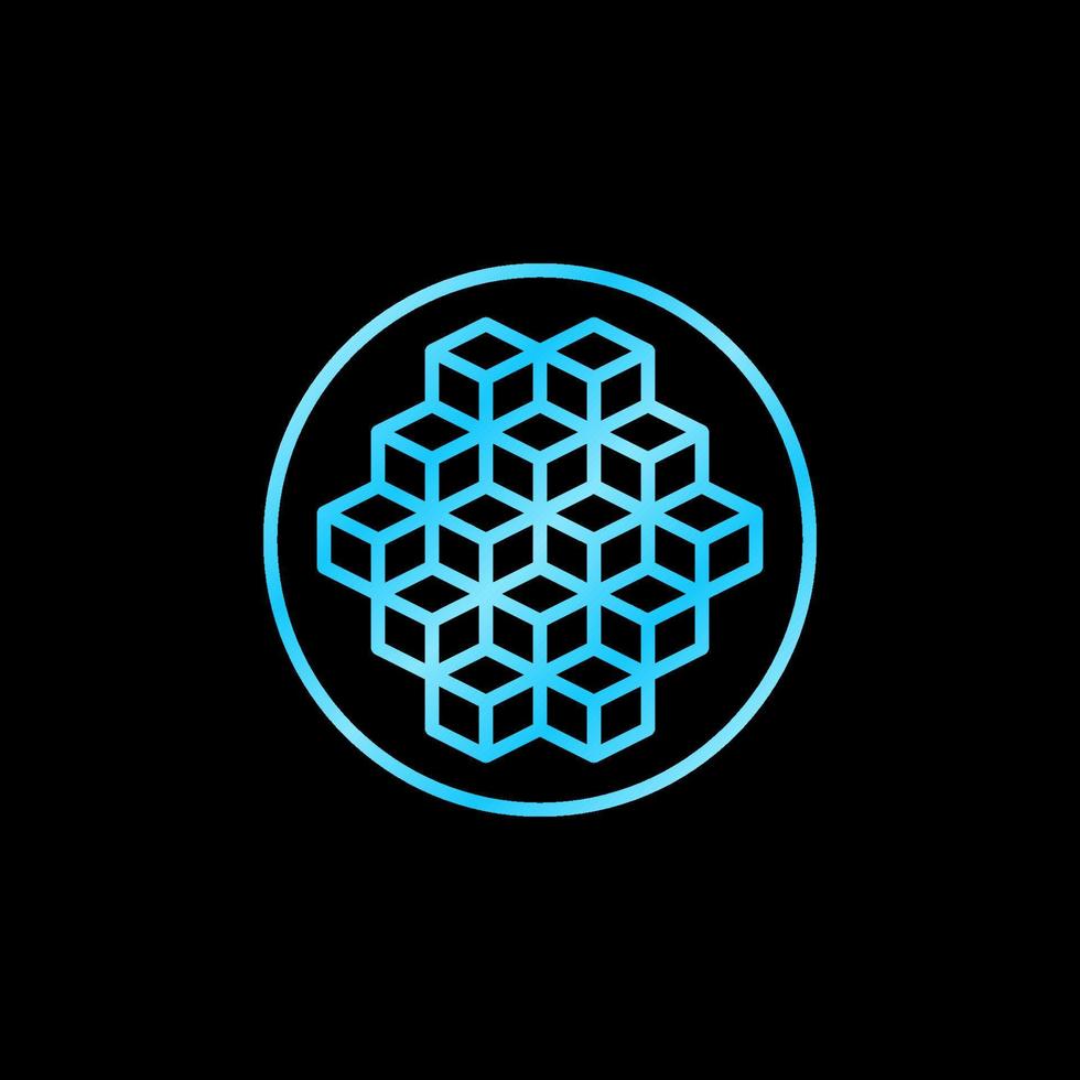 Blockchain Blocks in circle vector blue outline icon. Block-chain colored line round symbol