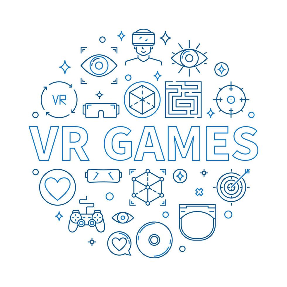 VR Games vector round illustration in thin line style