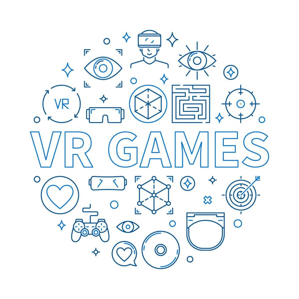 juegos vr vector ilustración redonda en estilo de línea delgada