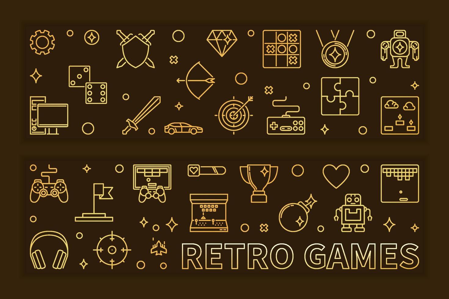 Set of Retro Games outline golden banners. Vector illustration