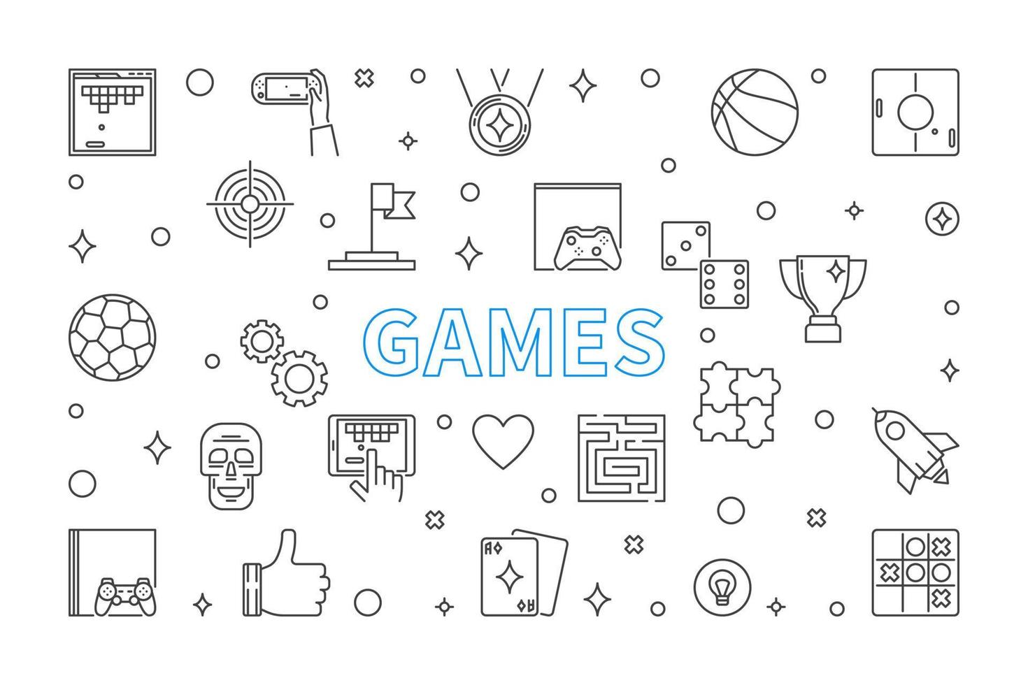 Games vector concept outline illustration on white background