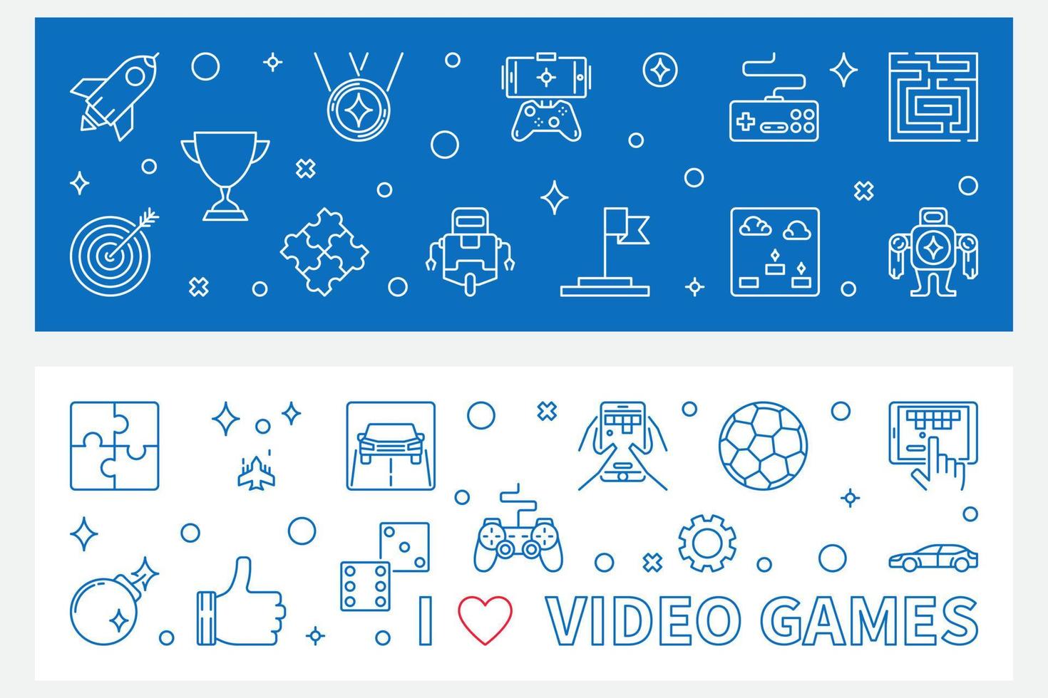 I Love Video Games outline banners. Vector Game illustration