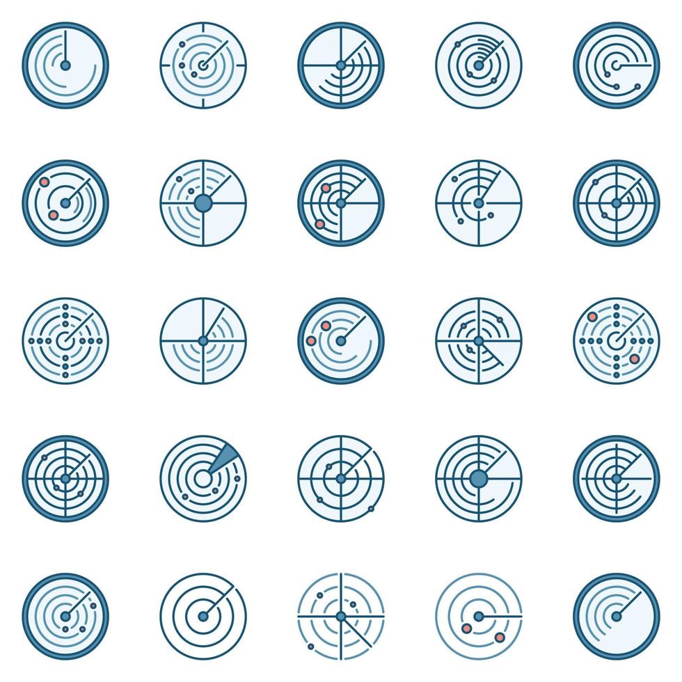 Radar round colored icons vector set. Sonar creative signs