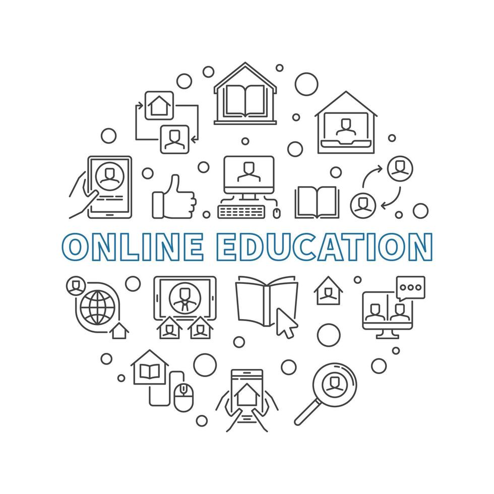 Online Education vector thin line concept round illustration