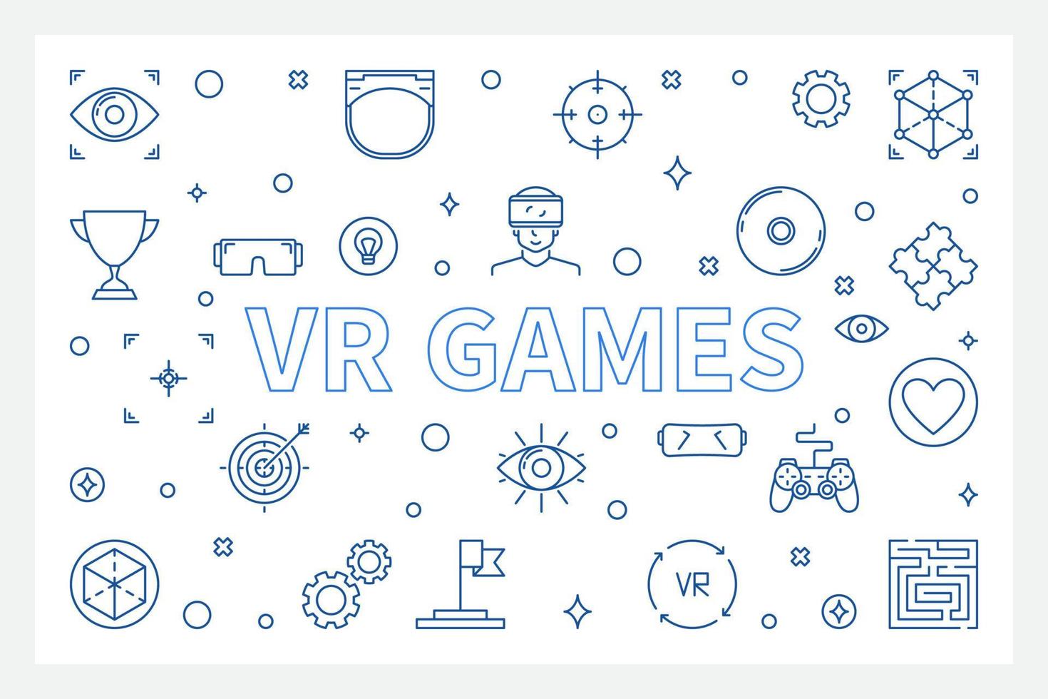 VR Games outline horizontal illustration. Vector banner