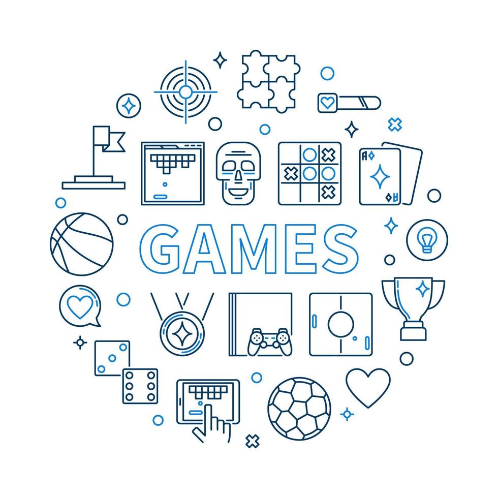 Games vector round illustration in outline style