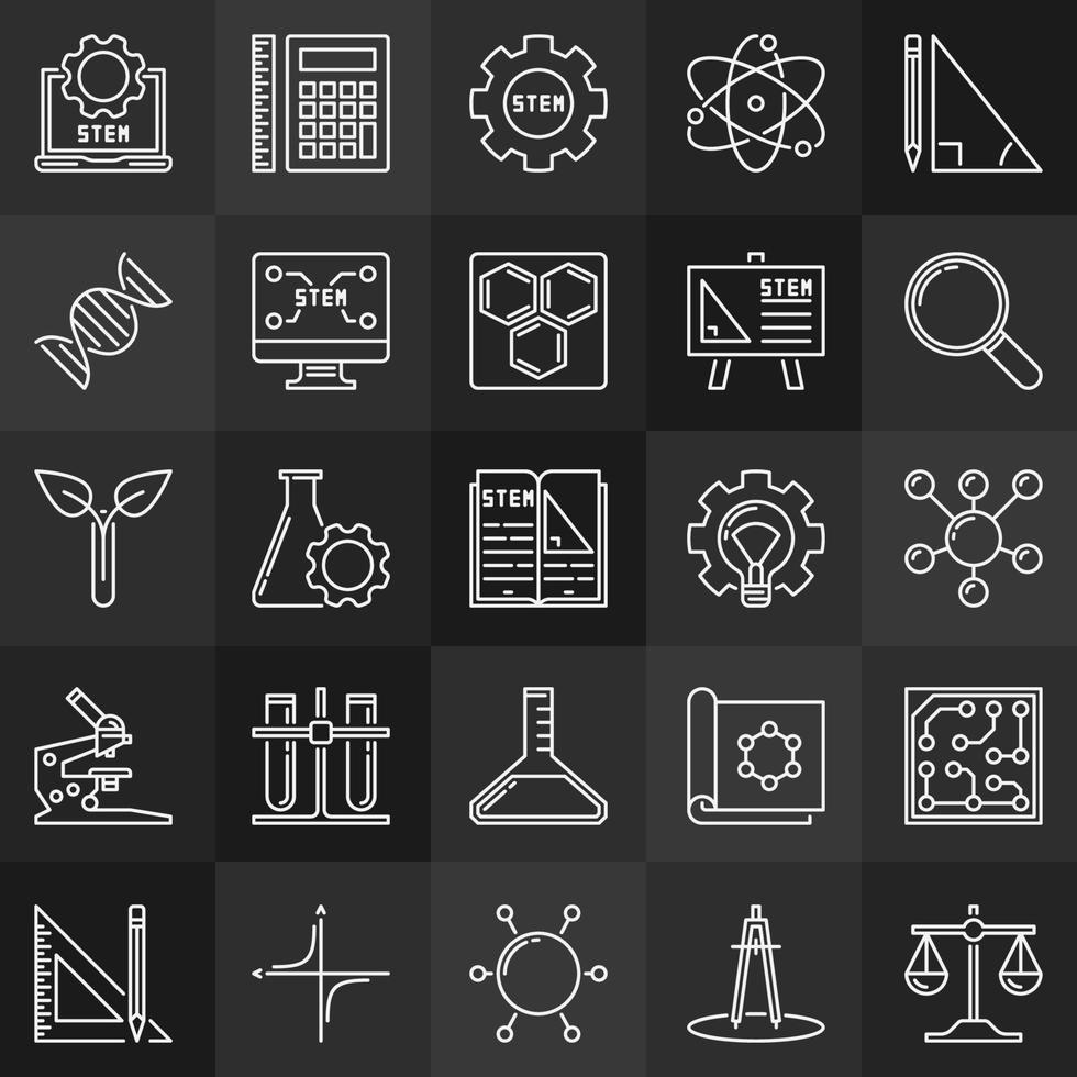 STEM education vector icons collection on dark background