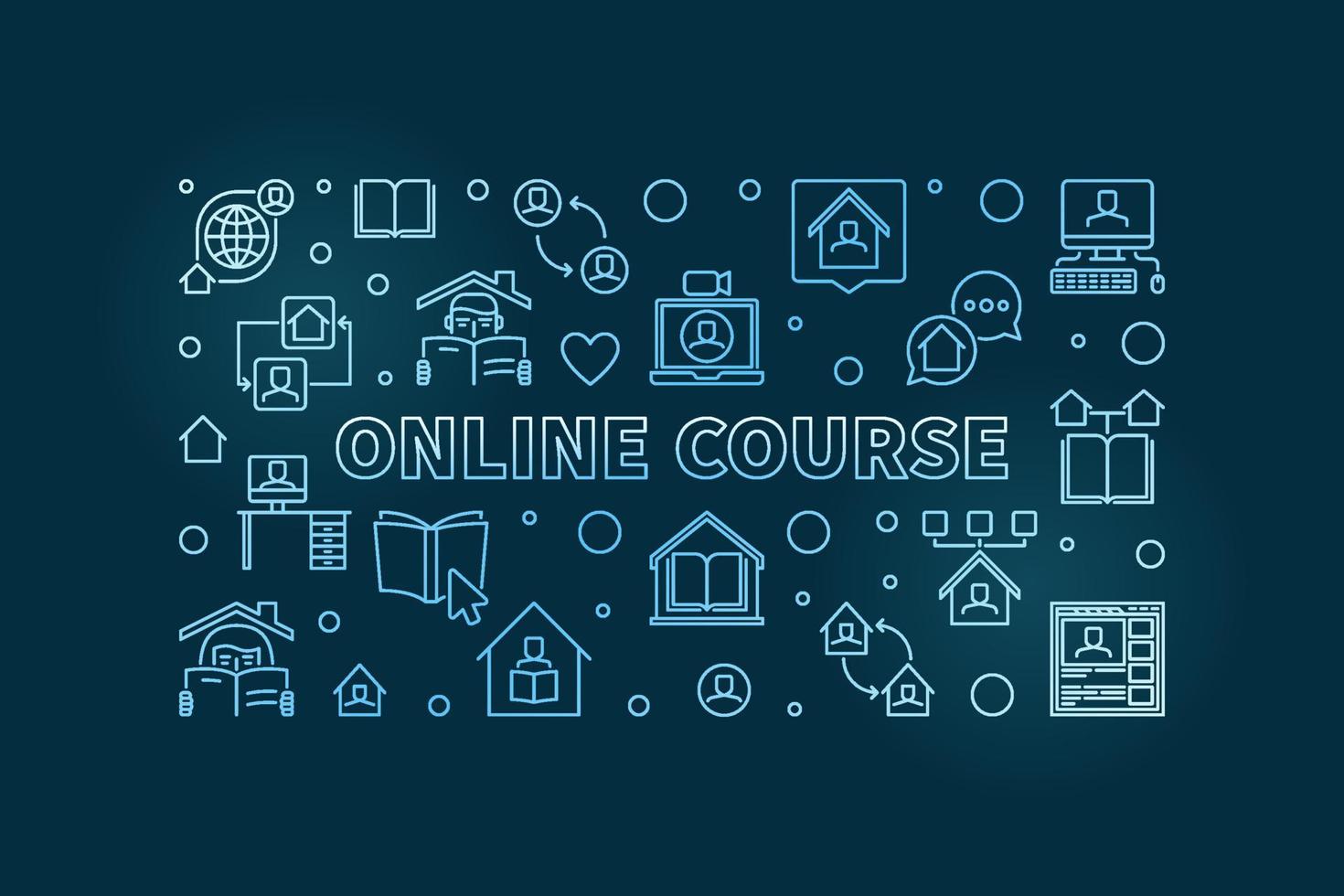 Online Course vector blue outline horizontal banner