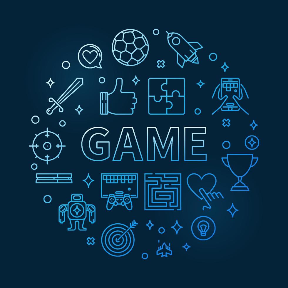 Game vector round blue outline illustration on dark background