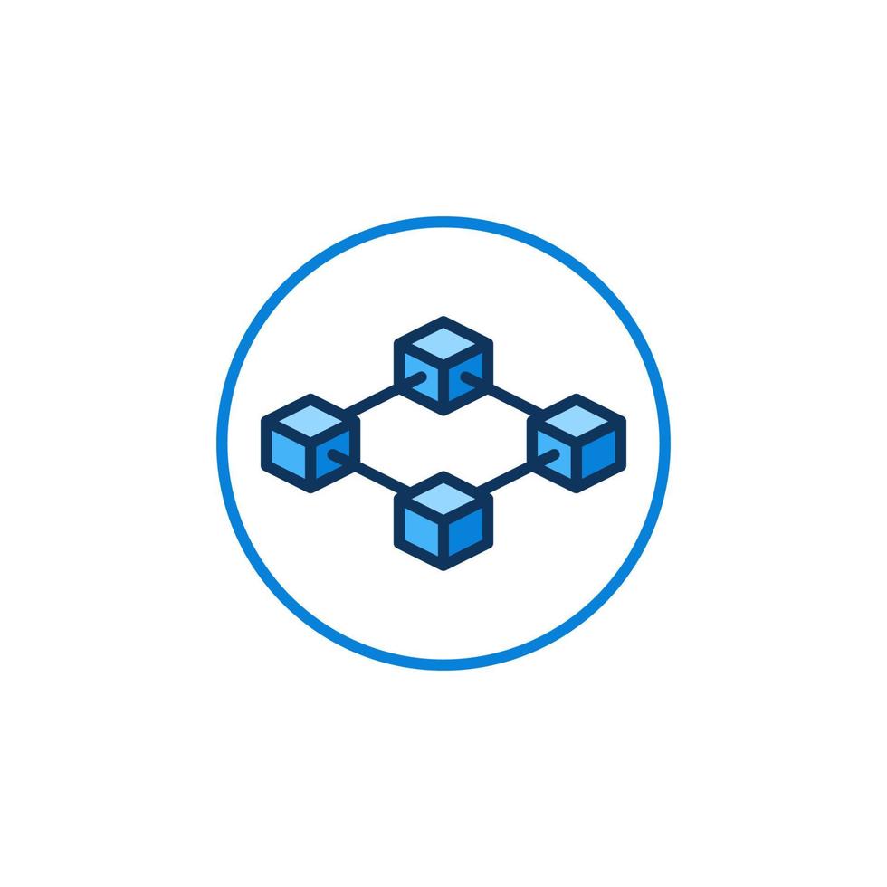 cadena de bloques en concepto de vector circular icono azul o cadena de bloques con signo redondo de cuatro bloques