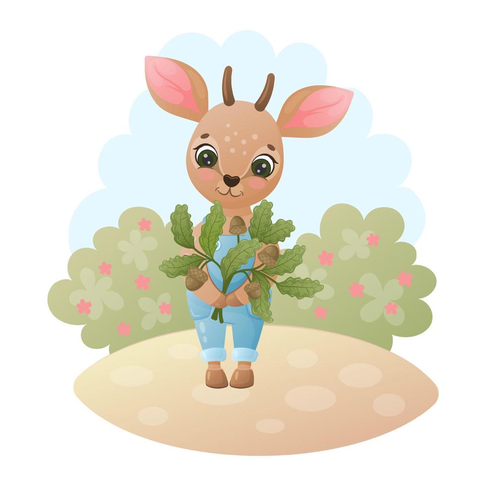 lindo bebé antílope con ramitas de roble y bellotas. bambi ilustración infantil vectorial. estilo de dibujos animados vector