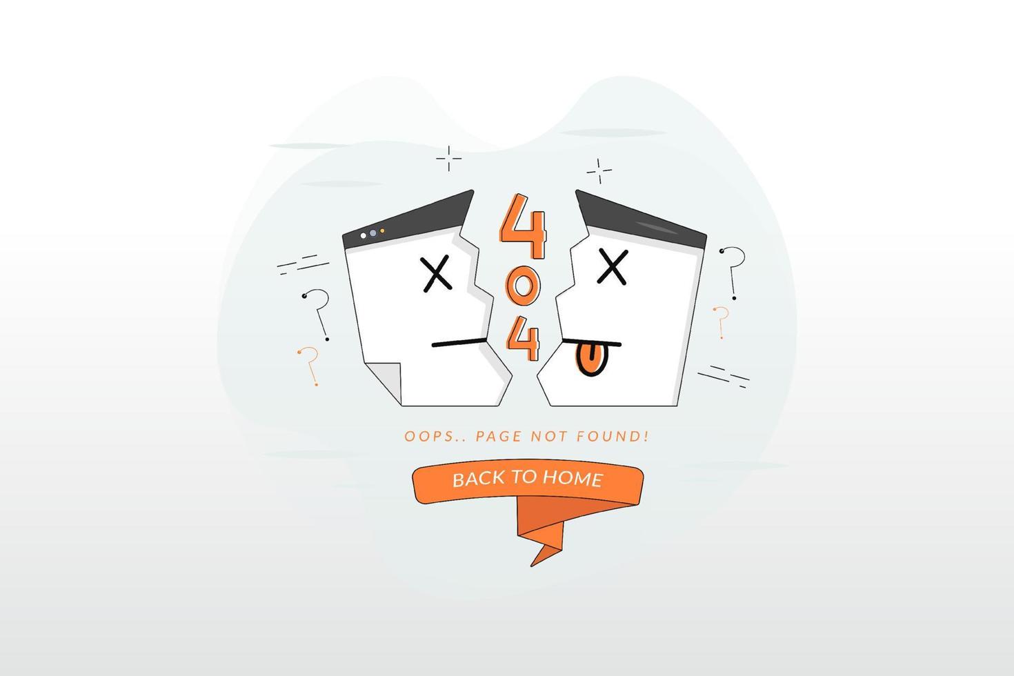 Vector Illustration, Split web page showing 404 page not found and orange back to menu button, flat design style