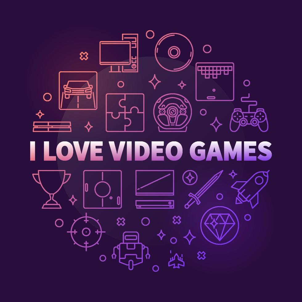 I Love Video Games vector round colorful outline illustration