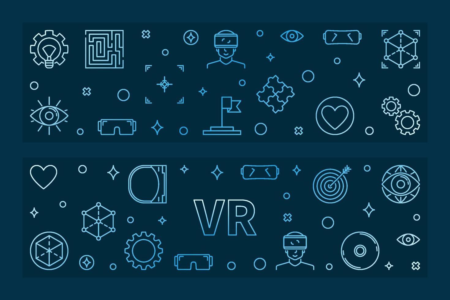 Set of 2 VR blue linear banners. Vector Virtual Reality illustration