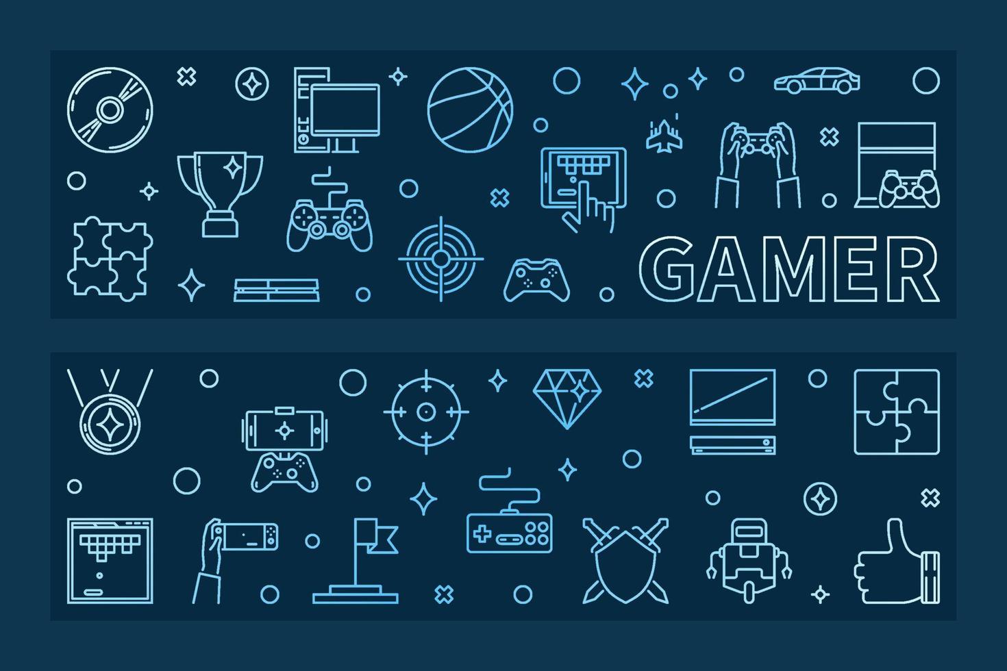 Gamer outline blue horizontal banners. Vector illustration