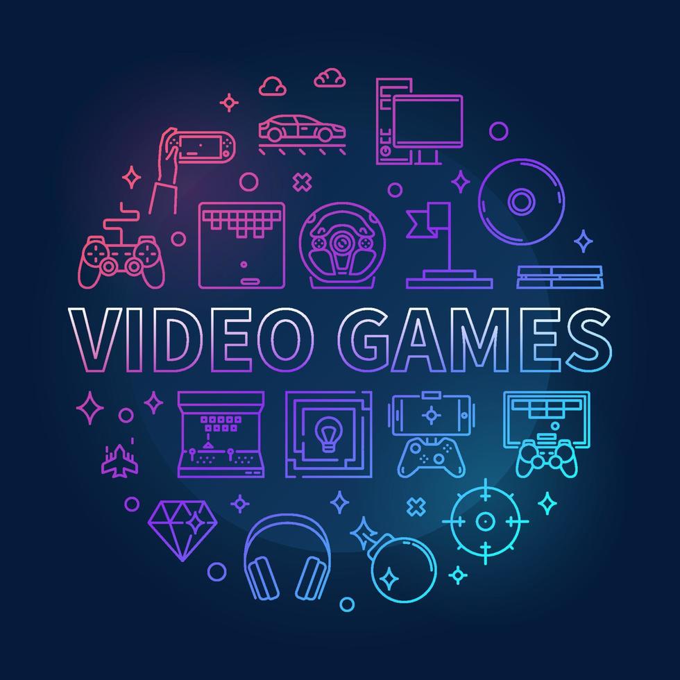 Vector Video Games concept circular colorful linear illustration