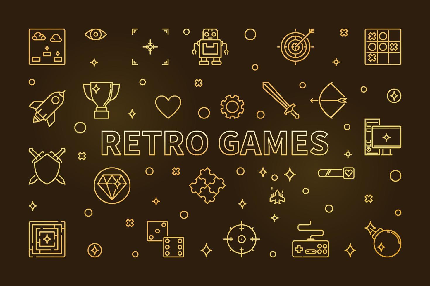 Retro Games vector concept golden banner in thin line style