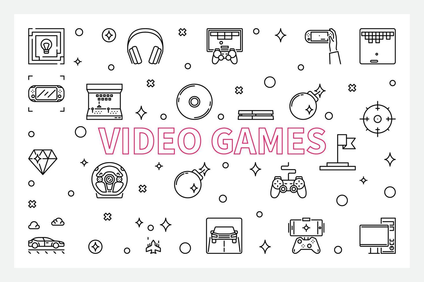 Video Games vector concept outline banner or illustration