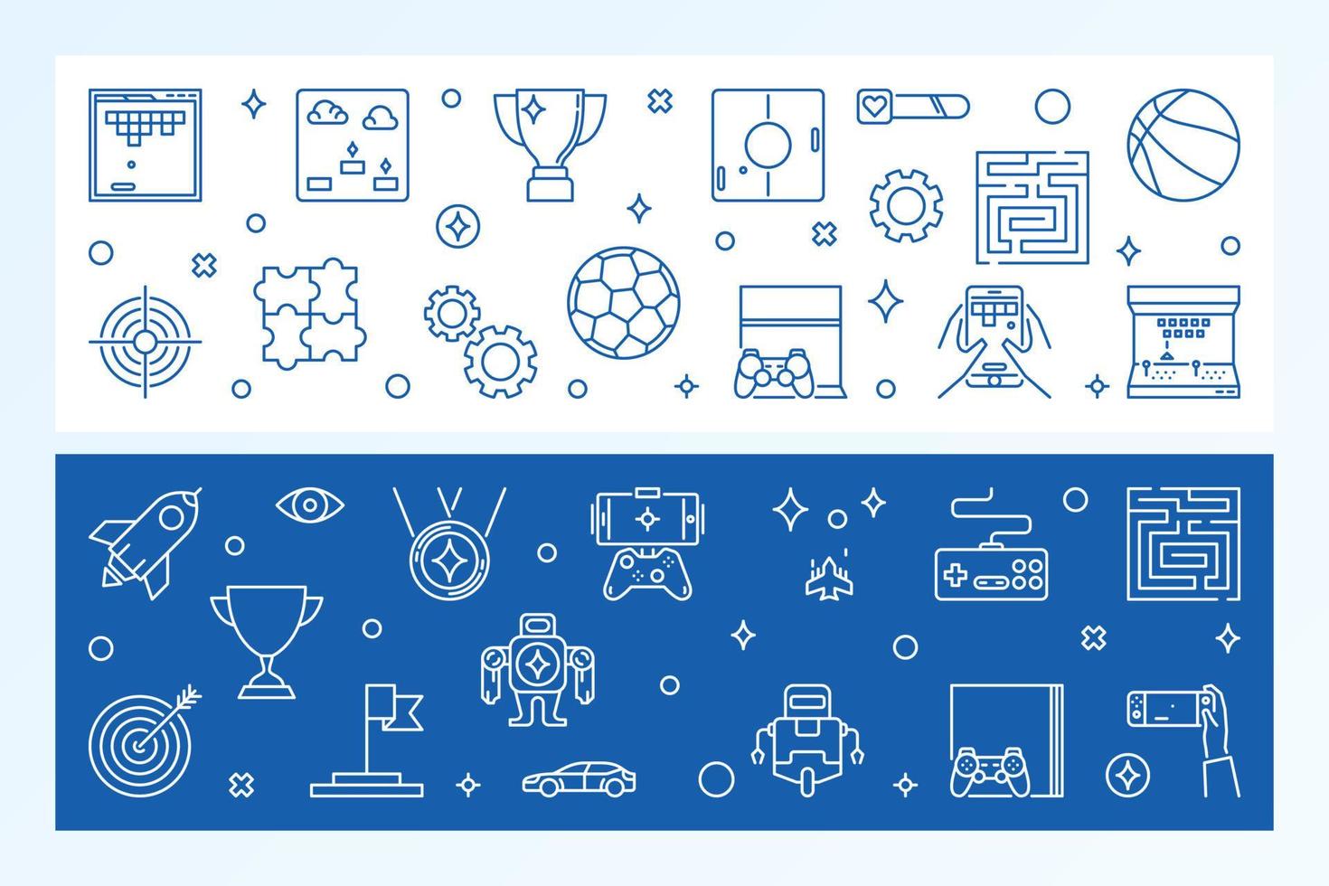 Games horizontal banners. Vector illustration in outline style