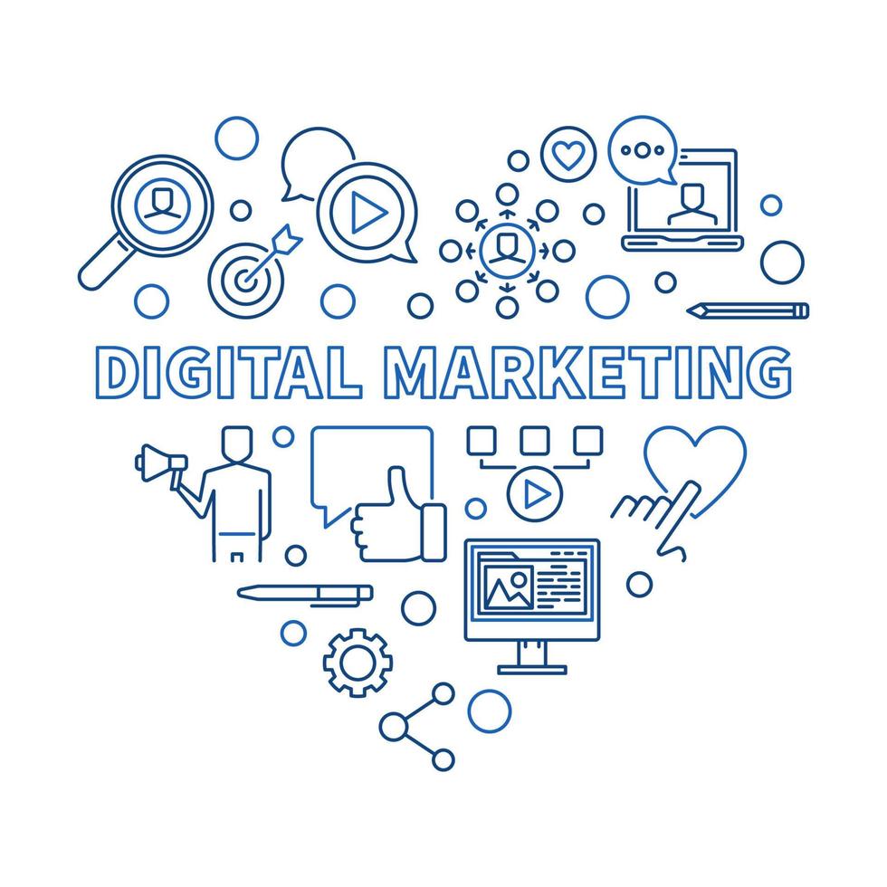 Digital Marketing vector blue thin line heart illustration