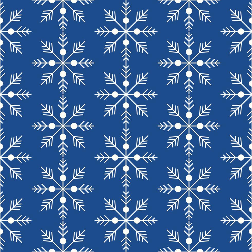 Seamless pattern of snowflakes on isolated blue background. Vector for season celebration of New Year, Christmas, Winter holidays. Snowfall background for greeting cards, scrapbooking, wallpaper.