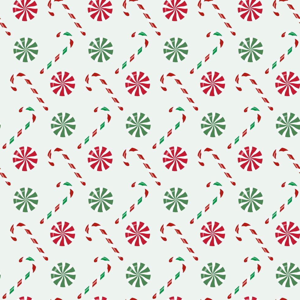 Seamless pattern with Christmas candy canes and mints on isolated background. Holiday design for wrapping paper, decoration, greeting card, and celebration of winter, Christmas or New Year. vector