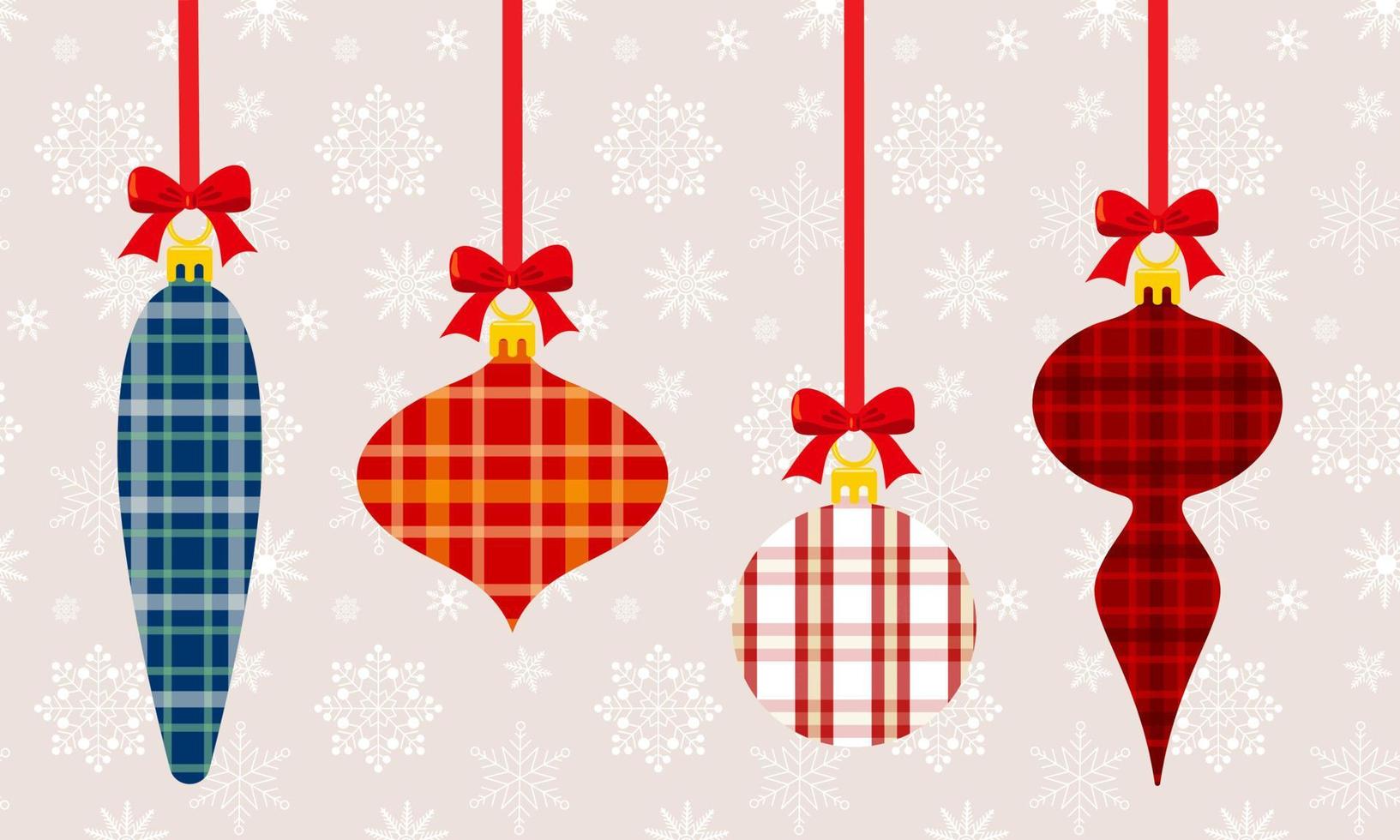 Clip art set of Christmas decoration balls in different plaid textures, red ribbon and bow. Isolated background with snowflakes. Holiday illustration celebration of winter, Christmas or New Year. vector