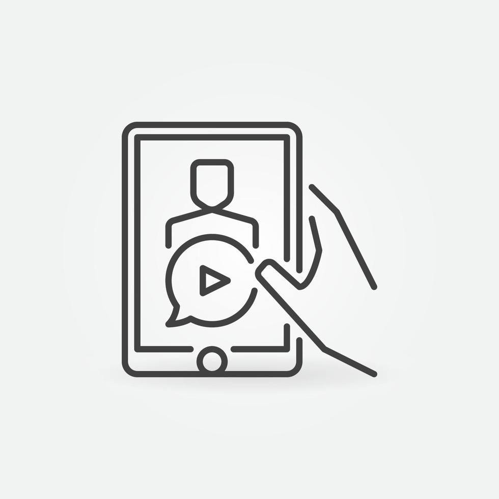 Hand with tablet outline icon. Watching Vlogs vector linear sign