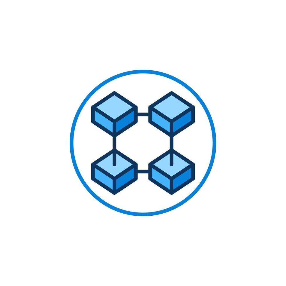 Circle with Four Connected Blocks modern icon. Blockchain Technology vector blue round symbol